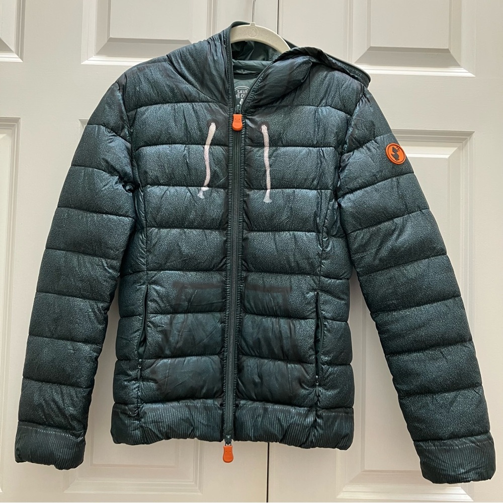Save The Duck Ultralight Puffer Jacket Trompe L'oeil Sweatshirt Print Green 0 XS